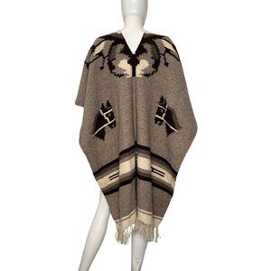 Wool Poncho Handmade Horses Native Western Mexican Gaban Beige Brown Coat